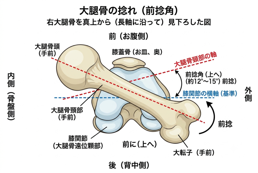 右大腿骨を真上から見下ろした骨格図。膝関節の横軸に対して大腿骨頸部の軸が上(前)へ約12°〜15°傾いている(前捻角)構造を示したイラスト。